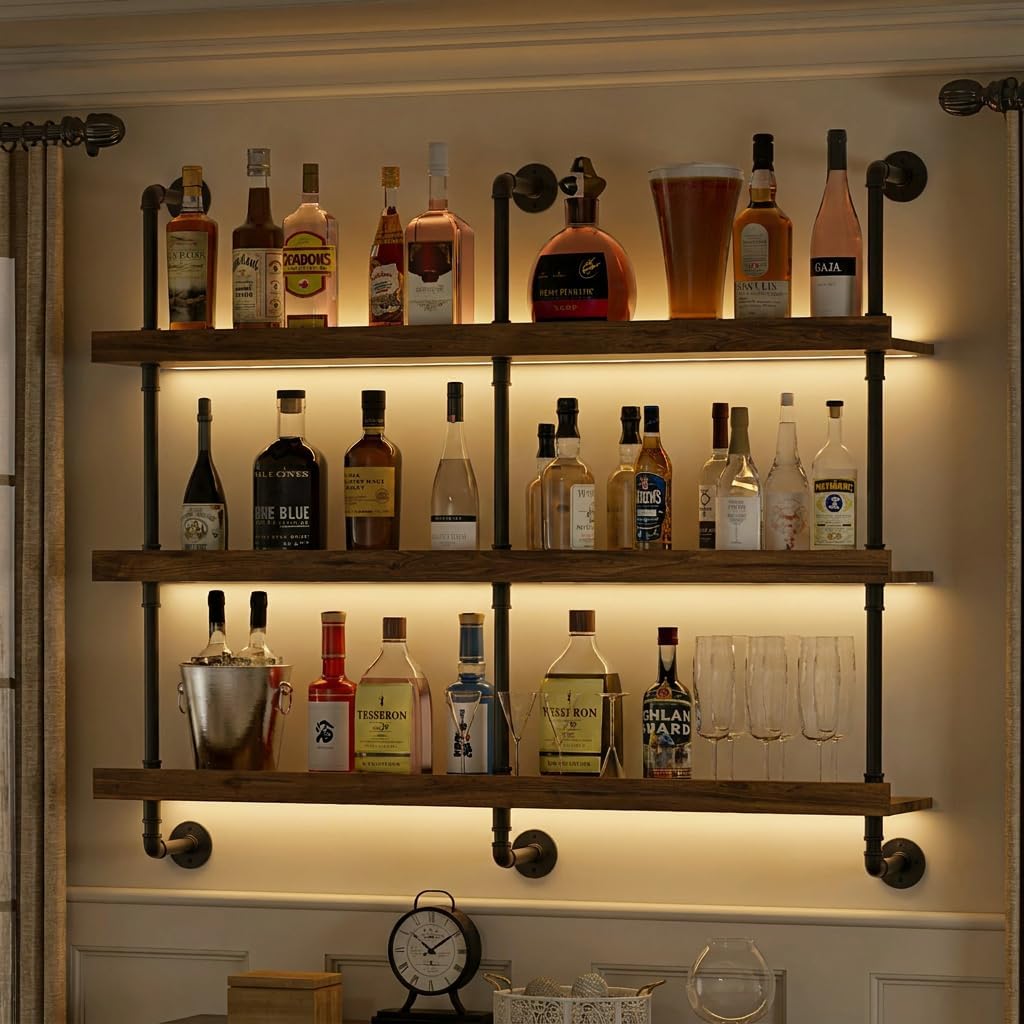Floating Shelves - Rak Anggur Dinding dengan Lampu LED,