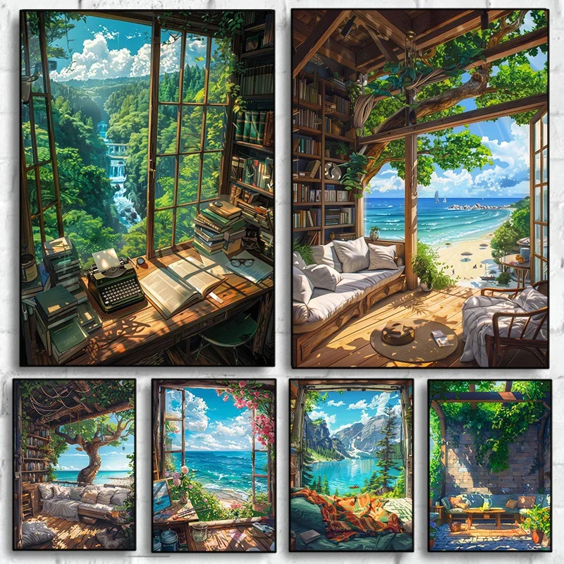Home Decor Interior - Poster Pemandangan Musim Panas Pondok Tepi